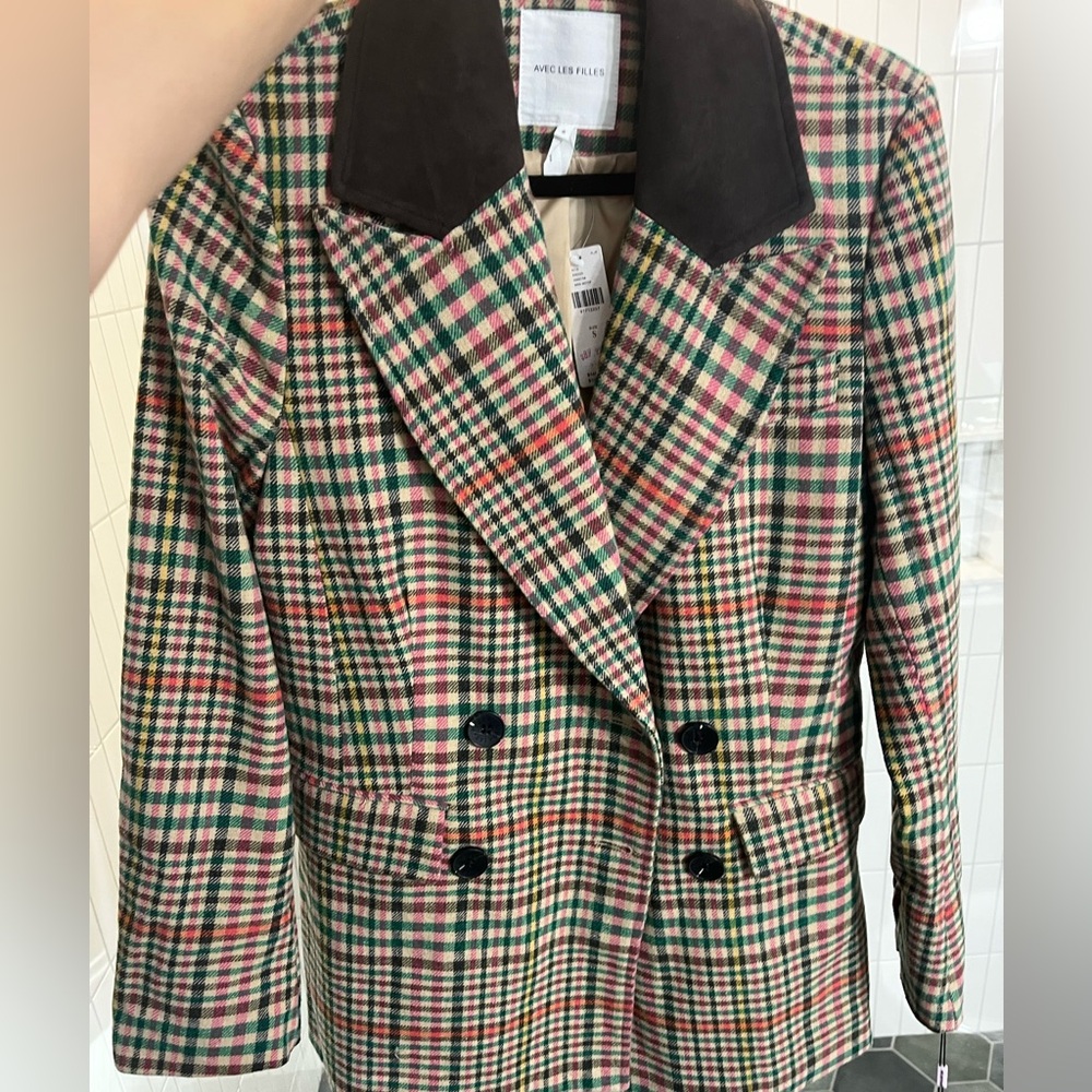 Avec Les Filles Multicolor Plaid Blazer with Suede Collar